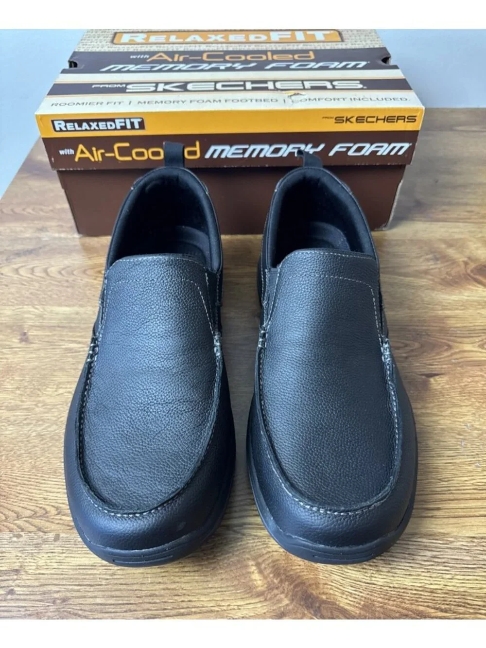 Skechers Harper Forde Black Leather Extra Wide Fit Slip-On Shoes Men's 10.5 EWW